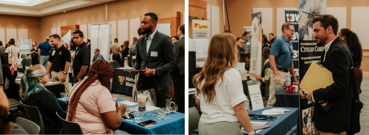 photos of students talking to recruiters at career tables at the 2024 MGA Career Fair